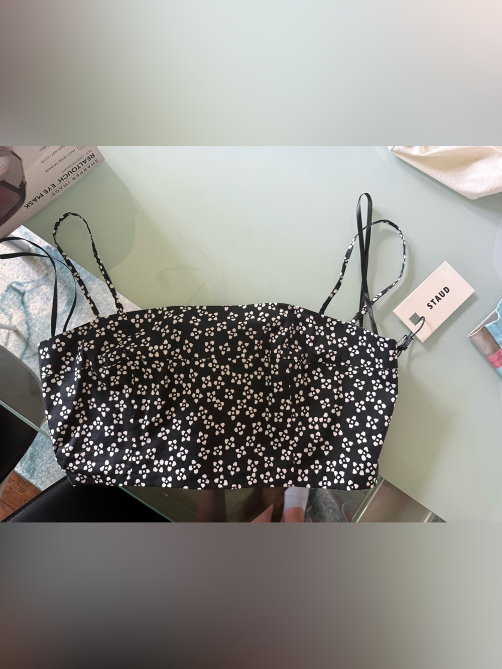 New! STAUD Federico Black & White Floral Crop Cami Top - Picture 3 of 3